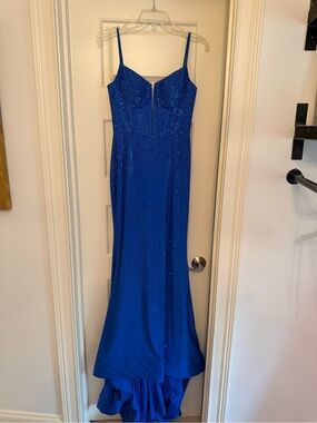 Sherri Hill Royal Blue Beaded Spaghetti Strap Evening Gown